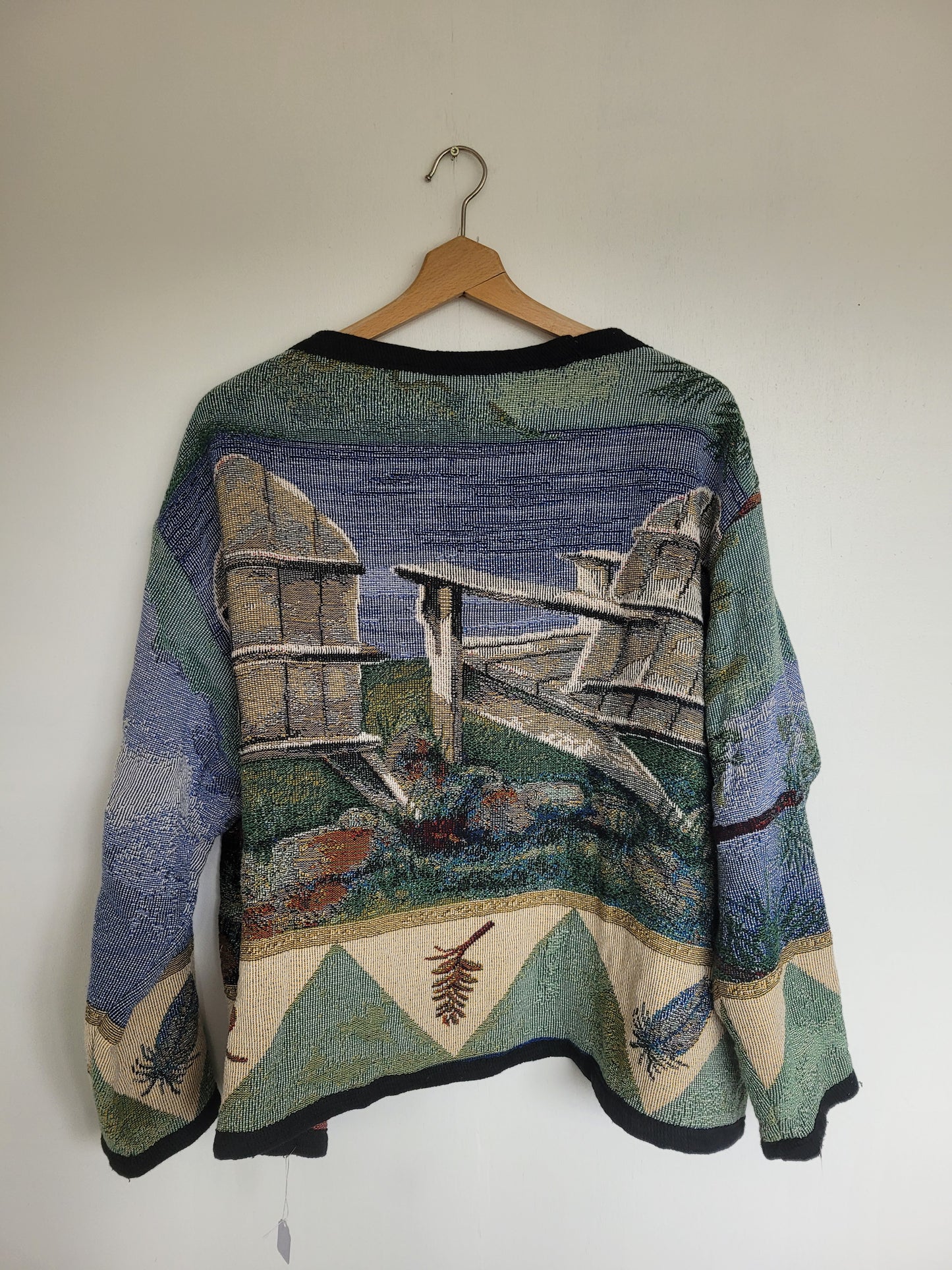 Still Waters - vintage tapestry jasje met aan de achterkant twee stoelen langs het water - maat L/XL