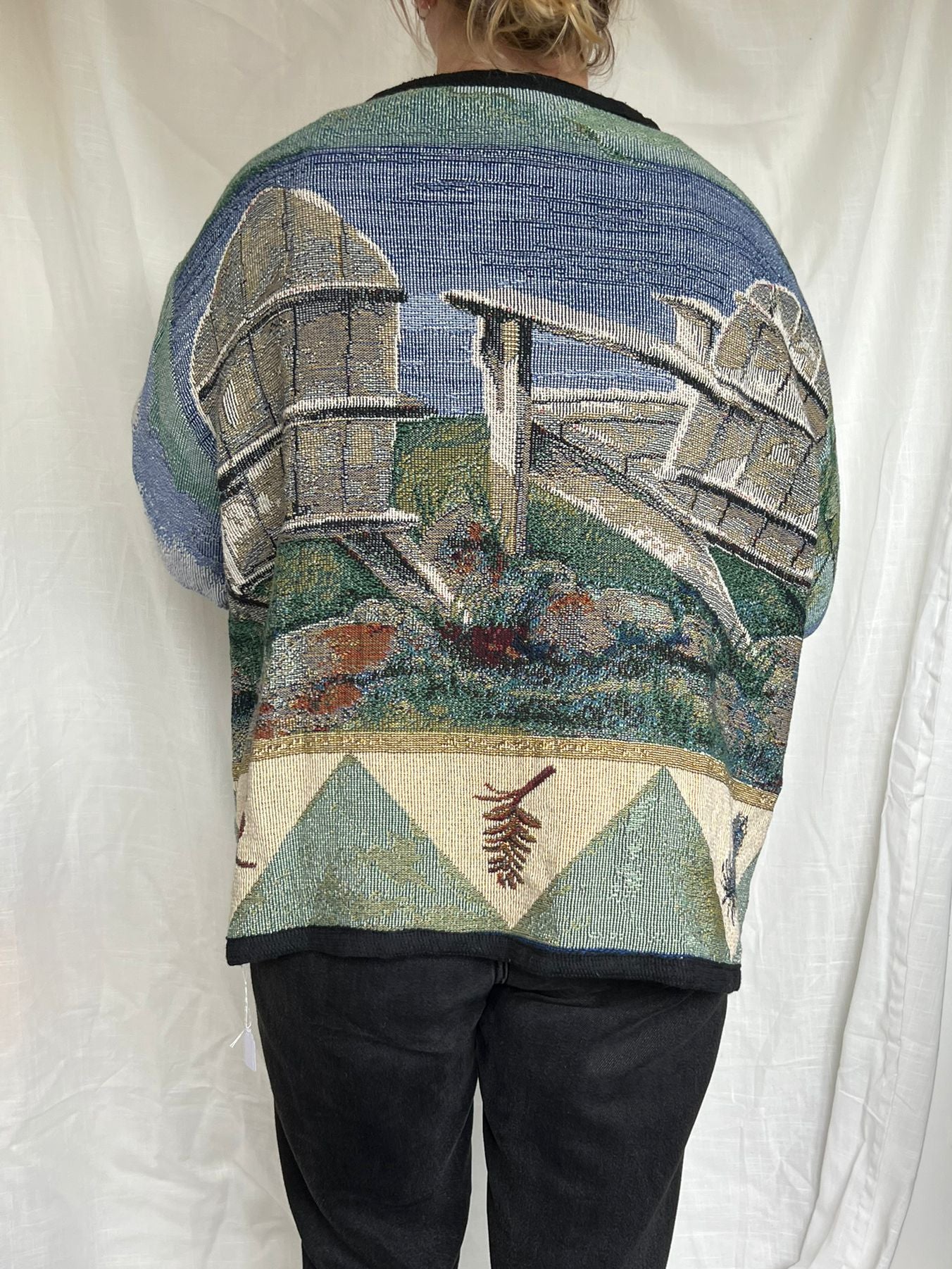 Still Waters - vintage tapestry jasje met aan de achterkant twee stoelen langs het water - maat L/XL