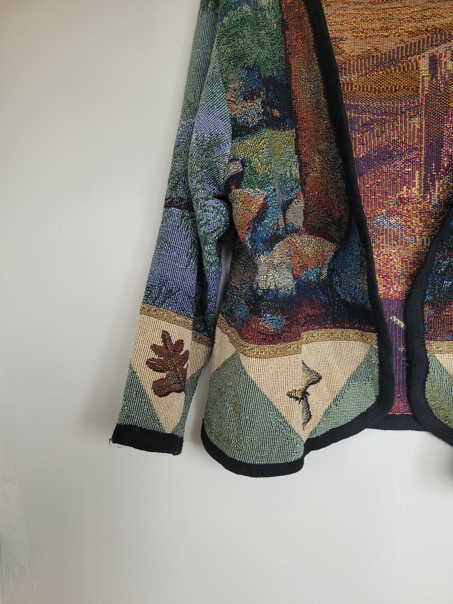 Still Waters - vintage tapestry jasje met aan de achterkant twee stoelen langs het water - maat L/XL
