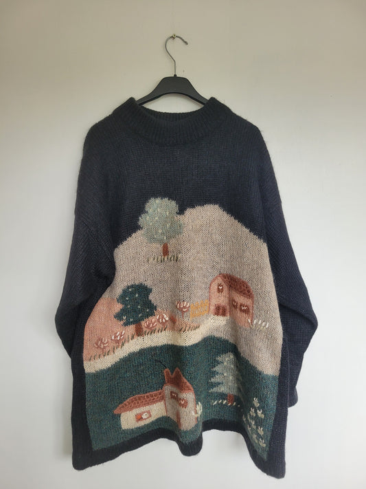 Whispers of the Village - vintage gebreide mohair trui met landschap - maat L/XL