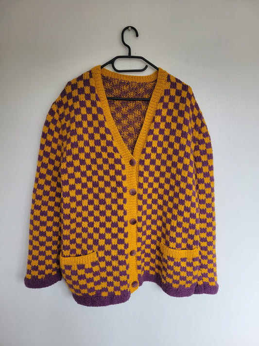 Enchanter's Knit - vintage handgemaakt vest met paars/geel checkerboard patroon - maat M/L