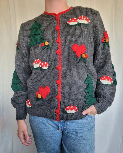 Mushroom Meadow 🍄 - vintage cardigan with mushrooms, pinetrees and hearts - size L