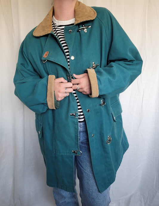 The Wanderer’s Coat 🧭 - long teal coloured coat with corduroy details - size XL/XXL