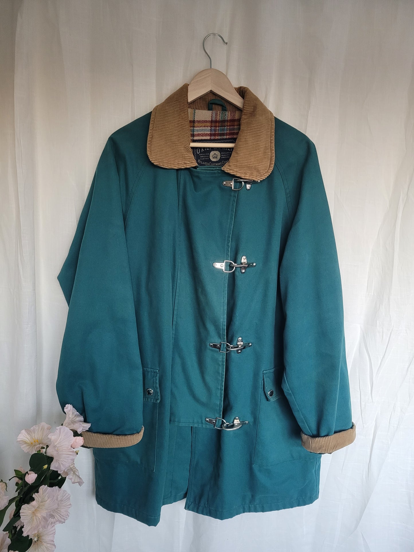 The Wanderer’s Coat 🧭 - long teal coloured coat with corduroy details - size XL/XXL