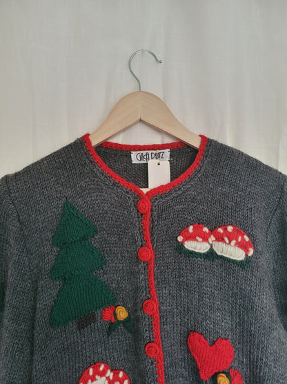 Mushroom Meadow 🍄 - vintage cardigan with mushrooms, pinetrees and hearts - size L