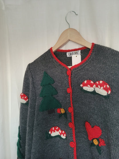 Mushroom Meadow 🍄 - vintage cardigan with mushrooms, pinetrees and hearts - size L