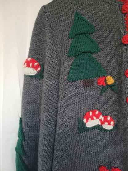 Mushroom Meadow 🍄 - vintage cardigan with mushrooms, pinetrees and hearts - size L