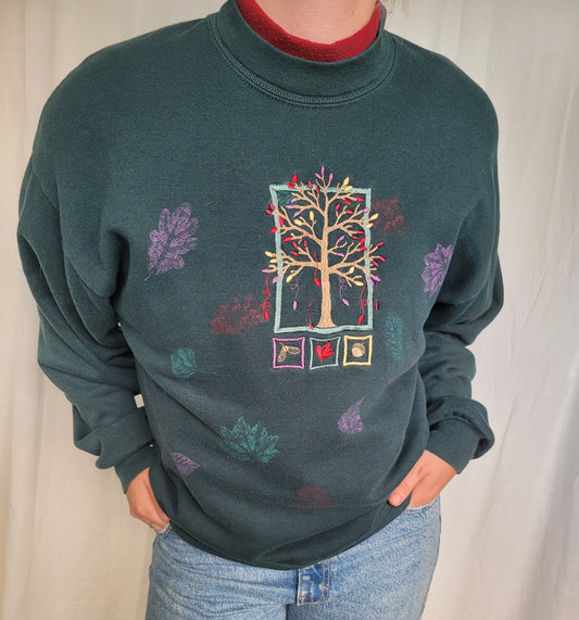 The Whispering Tree 🍂 - darkgreen crewneck sweater with embroidered tree - size L/XL