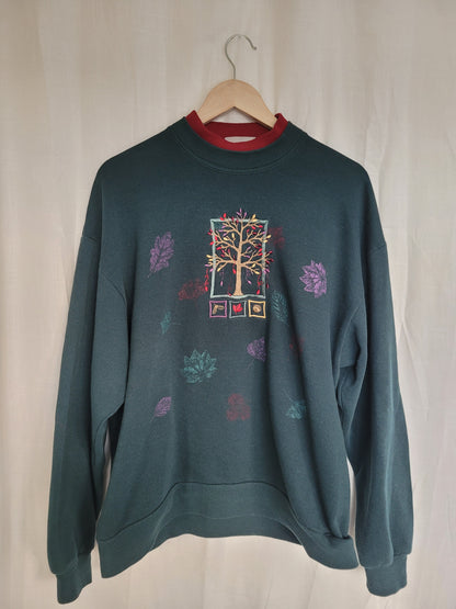 The Whispering Tree 🍂 - darkgreen crewneck sweater with embroidered tree - size L/XL