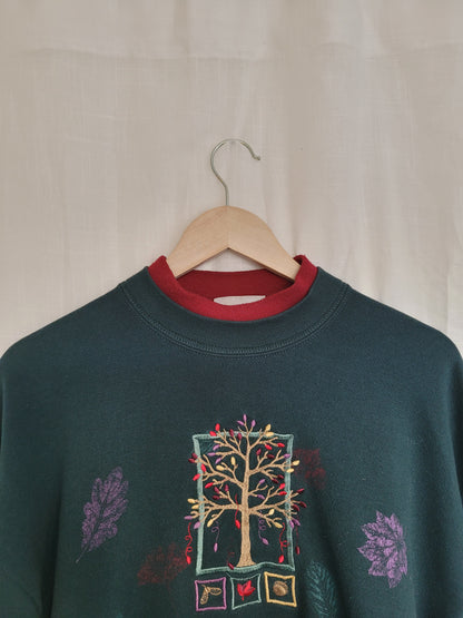 The Whispering Tree 🍂 - darkgreen crewneck sweater with embroidered tree - size L/XL