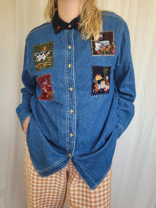 The Farmer’s Patchwork 🚜 - vintage denim blouse with embroidered autumn farm details - size L