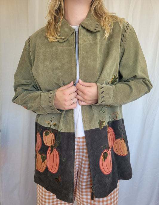Pumpkin Patch Dreams 🎃 - vintage green leather jacket with pumpkin patchwork - size XL