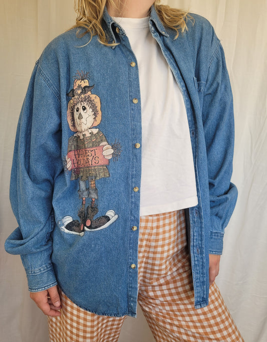 Harvest Holidays 🌻 - vintage denim blouse with scarecrow image - size XL