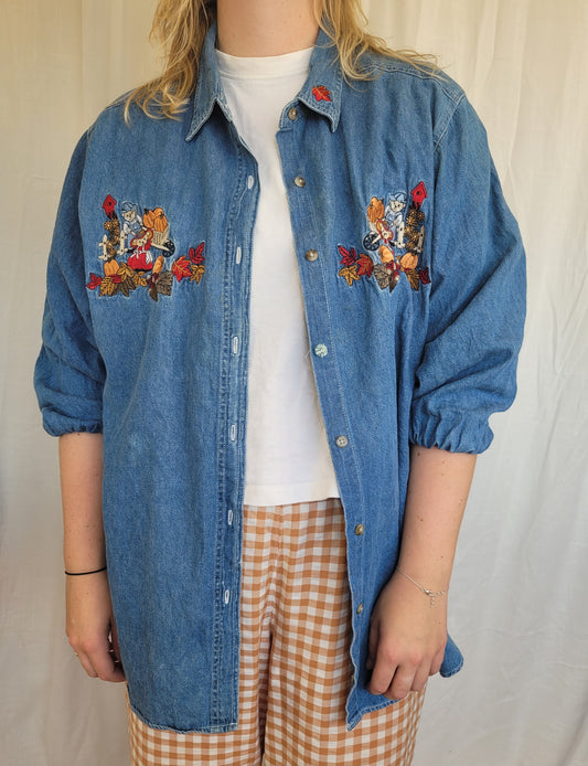 Pumpkin Patch Tales 🐻 - vintage denim blouse with embroidered pumpkin picking bears - size XL