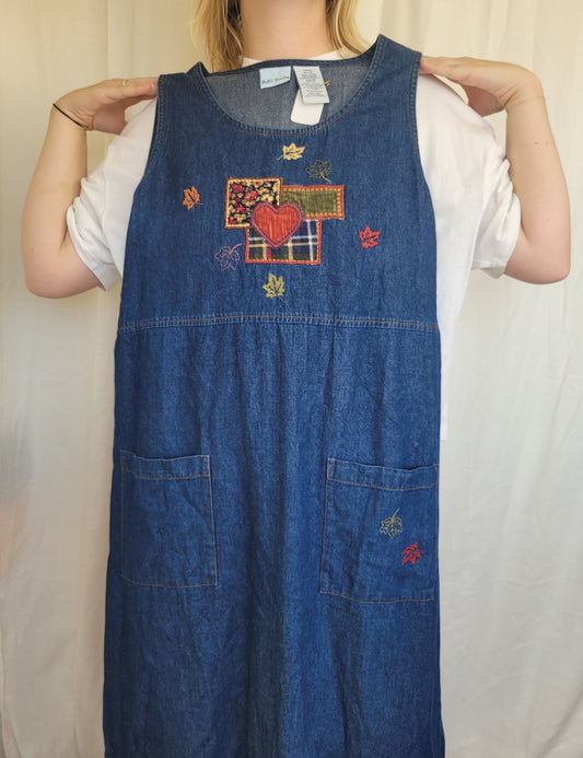Fields of Love 🌾 - vintage denim dress with embroidered patches in autumn colours - size XS/S/M/L