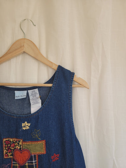 Fields of Love 🌾 - vintage denim dress with embroidered patches in autumn colours - size XS/S/M/L