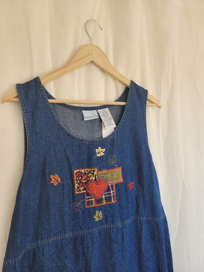 Fields of Love 🌾 - vintage denim dress with embroidered patches in autumn colours - size XS/S/M/L