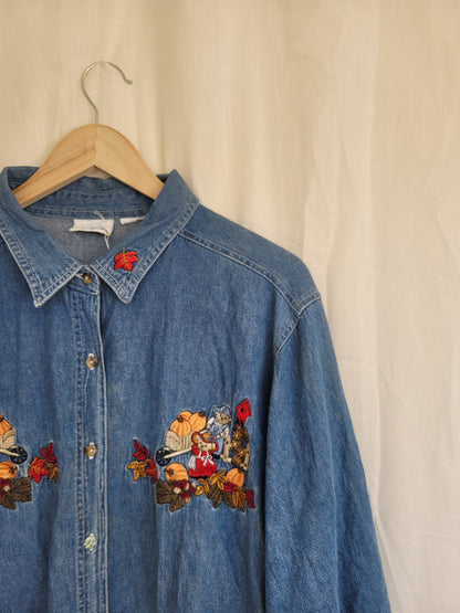 Pumpkin Patch Tales 🐻 - vintage denim blouse with embroidered pumpkin picking bears - size XL
