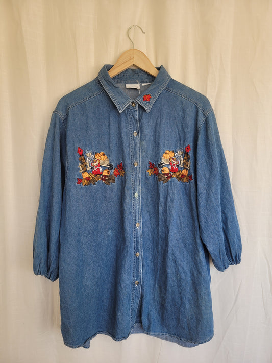 Pumpkin Patch Tales 🐻 - vintage denim blouse with embroidered pumpkin picking bears - size XL
