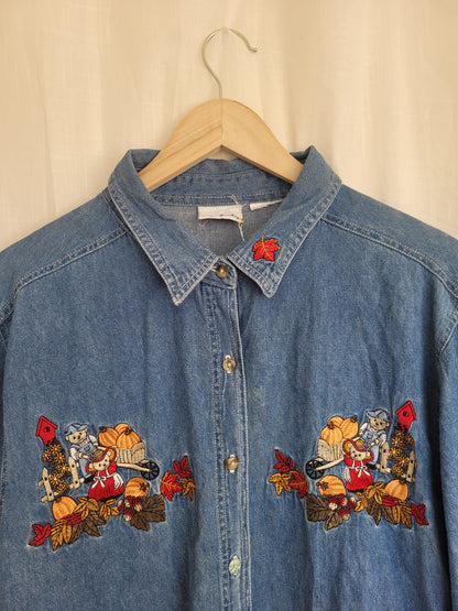 Pumpkin Patch Tales 🐻 - vintage denim blouse with embroidered pumpkin picking bears - size XL