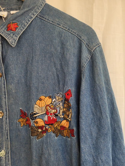 Pumpkin Patch Tales 🐻 - vintage denim blouse with embroidered pumpkin picking bears - size XL