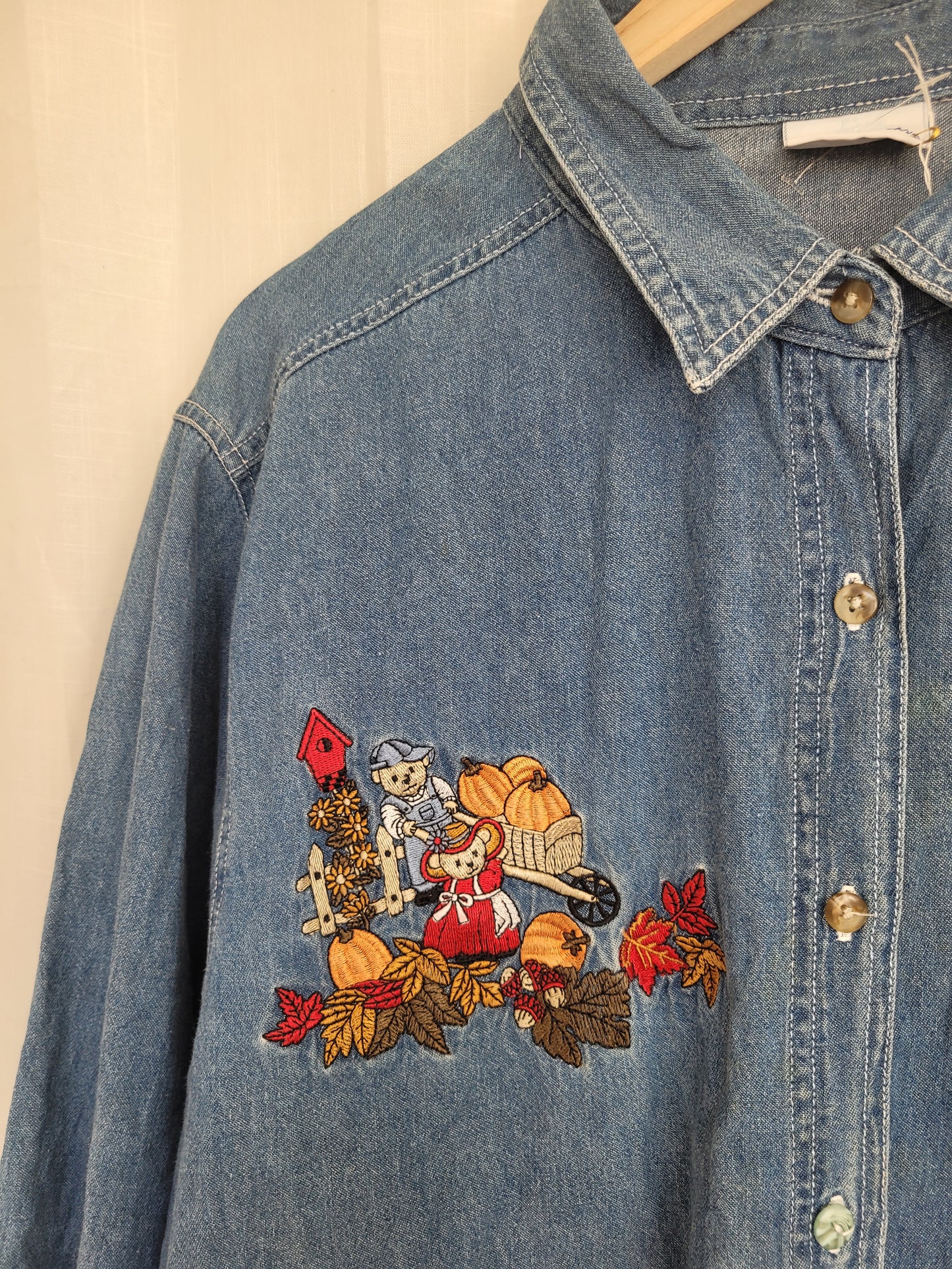 Pumpkin Patch Tales 🐻 - vintage denim blouse with embroidered pumpkin picking bears - size XL