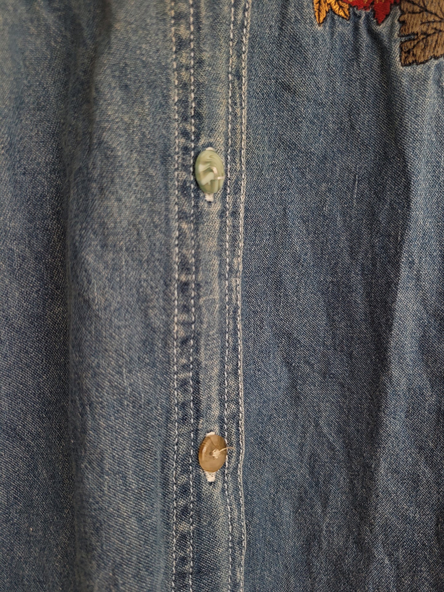 Pumpkin Patch Tales 🐻 - vintage denim blouse with embroidered pumpkin picking bears - size XL