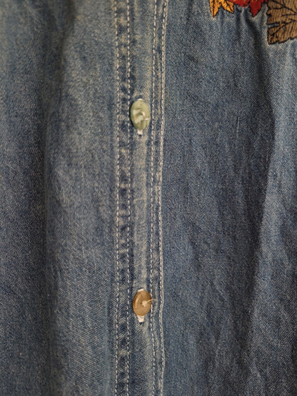 Pumpkin Patch Tales 🐻 - vintage denim blouse with embroidered pumpkin picking bears - size XL