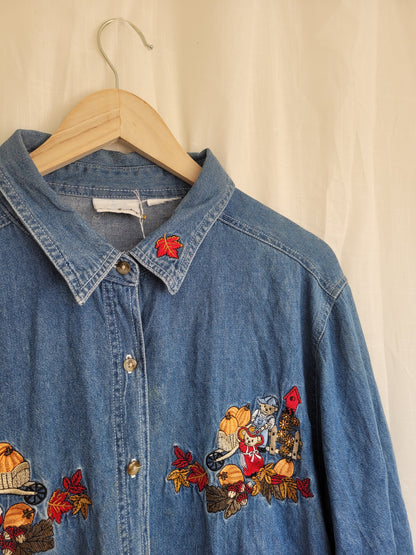Pumpkin Patch Tales 🐻 - vintage denim blouse with embroidered pumpkin picking bears - size XL