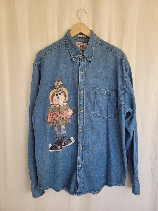 Harvest Holidays 🌻 - vintage denim blouse with scarecrow image - size XL