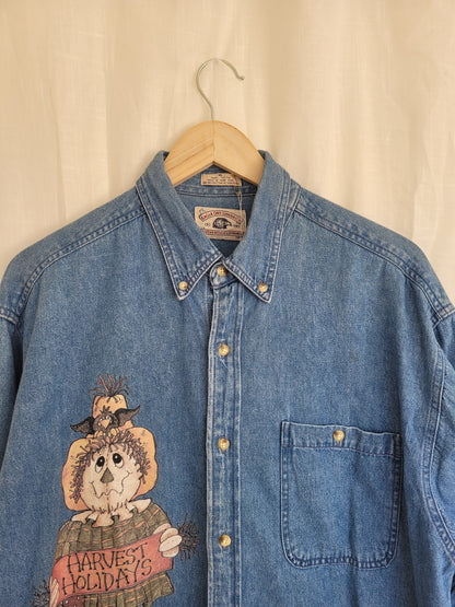 Harvest Holidays 🌻 - vintage denim blouse with scarecrow image - size XL