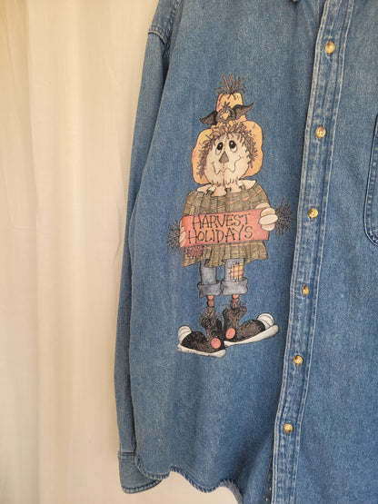 Harvest Holidays 🌻 - vintage denim blouse with scarecrow image - size XL