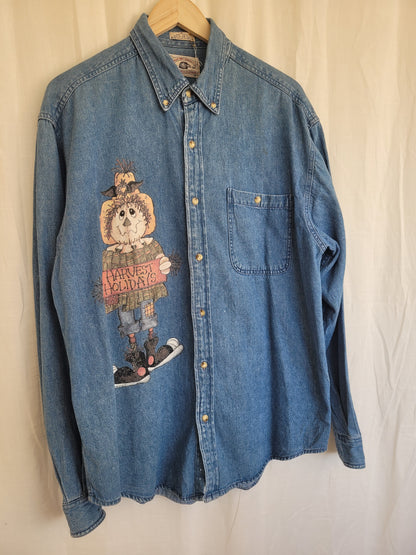 Harvest Holidays 🌻 - vintage denim blouse with scarecrow image - size XL