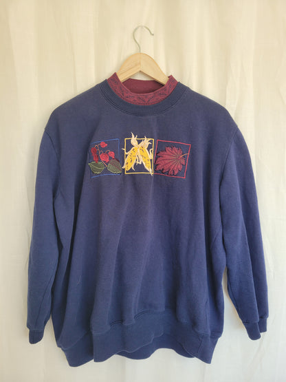 Harvest Hues 🍂 - vintage dark blue crewneck sweater with autumn embroidery - size M/L