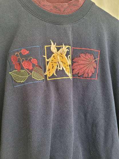 Harvest Hues 🍂 - vintage dark blue crewneck sweater with autumn embroidery - size M/L