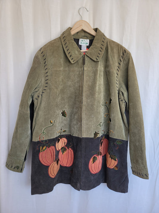 Pumpkin Patch Dreams 🎃 - vintage green leather jacket with pumpkin patchwork - size XL