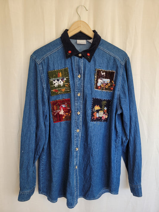 The Farmer’s Patchwork 🚜 - vintage denim blouse with embroidered autumn farm details - size L