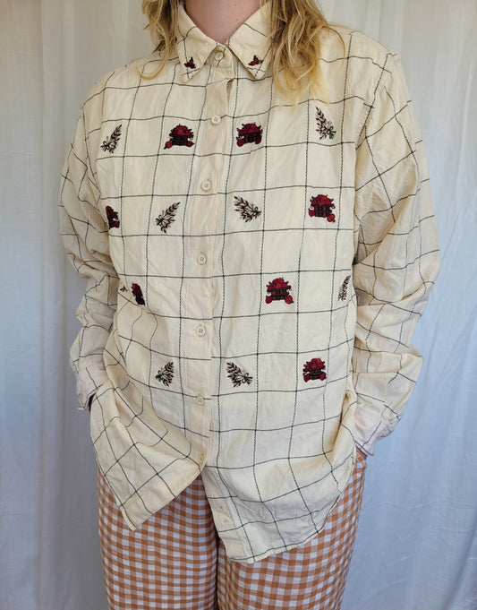 Harvest Baskets 🍎 - vintage blouse with embroidered baskets with apples and wheat - size XL