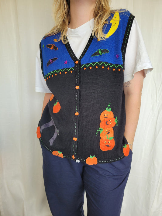 Moonlit Mischief 🎃 - vintage spencer vest with Halloween patchwork images - size L