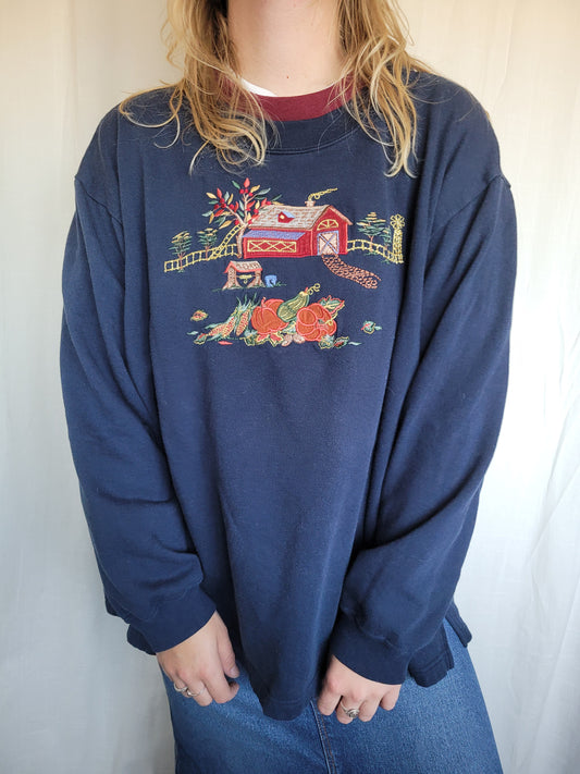 🏡 Harvest at the Homestead - vintage crewneck sweater with embroidered farm - size XXL