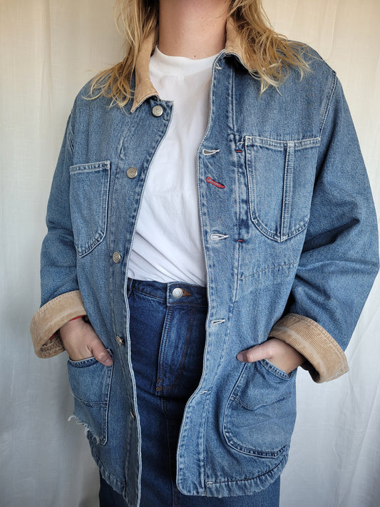 🚜 Fields of Red & Blue - vintage denim jacket with red fleece lining - size M