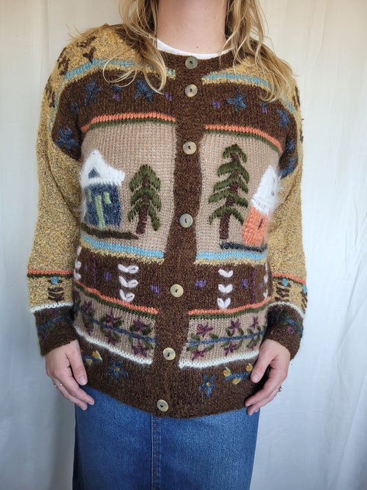 🌾 Tales of the Countryside - vintage knitted cardigan with embroidered village details - size L