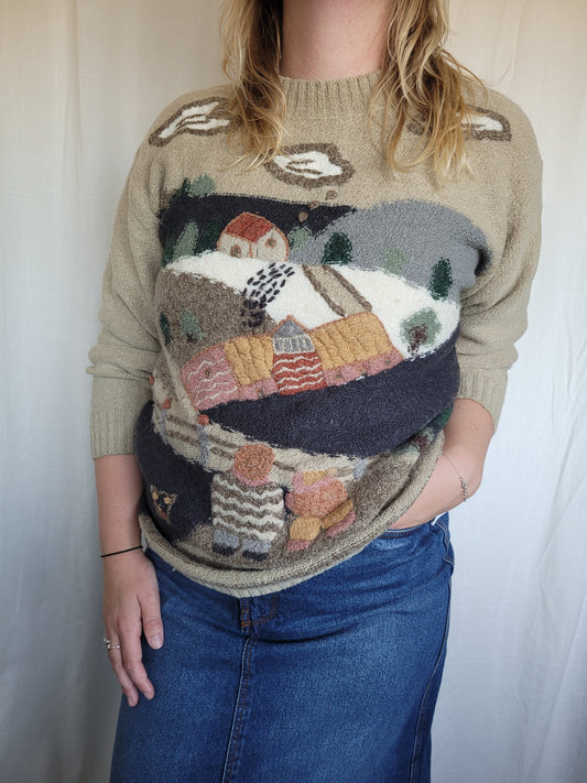 🏔️ Village in the Valley - vintage knitted sweater with embroidered mountain village - size M/L