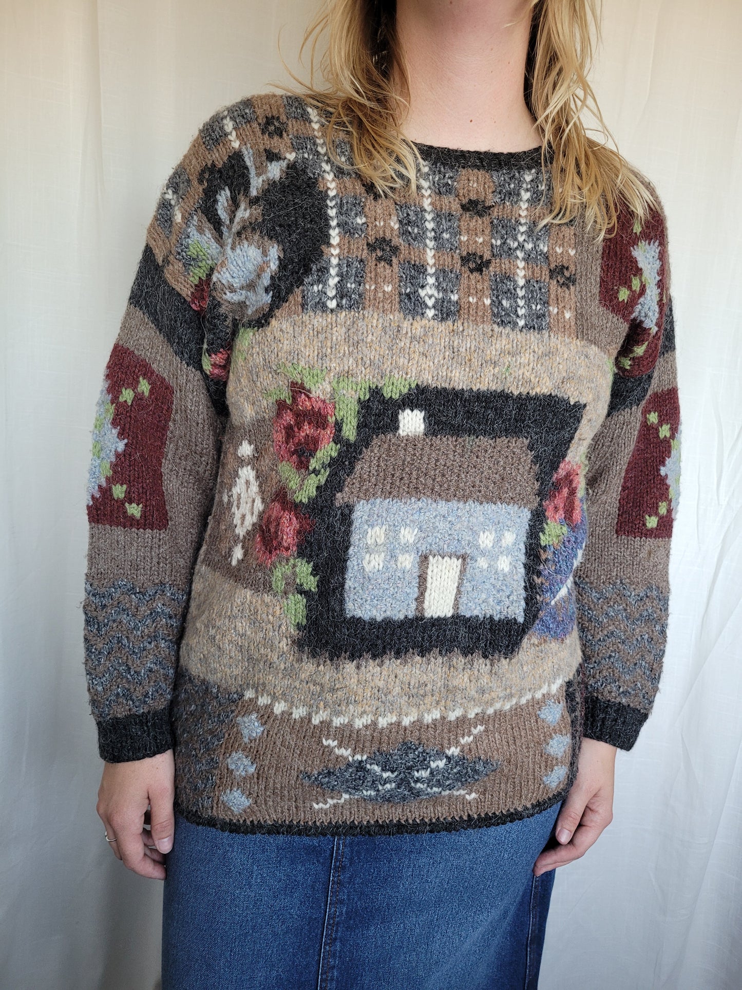🐑 Shepherd’s Cottage - vintage knitted sweater with cute details - size L