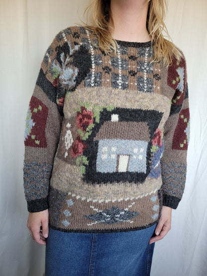 🐑 Shepherd’s Cottage - vintage knitted sweater with cute details - size L