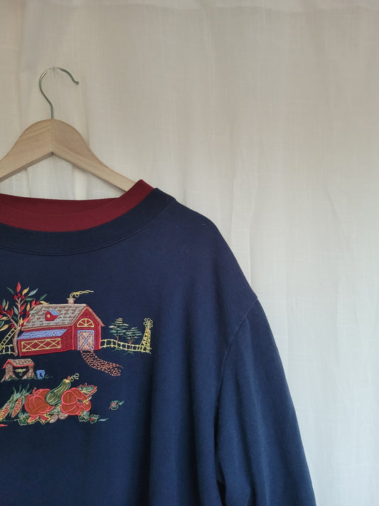 🏡 Harvest at the Homestead - vintage crewneck sweater with embroidered farm - size XXL