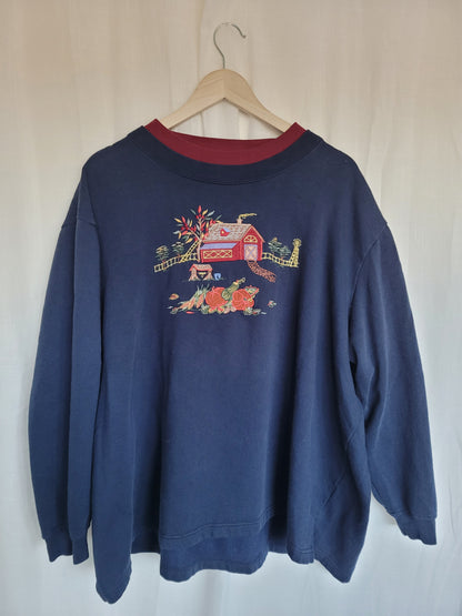🏡 Harvest at the Homestead - vintage crewneck sweater with embroidered farm - size XXL