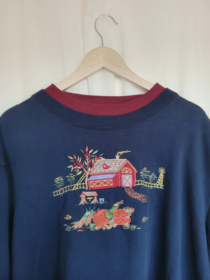 🏡 Harvest at the Homestead - vintage crewneck sweater with embroidered farm - size XXL