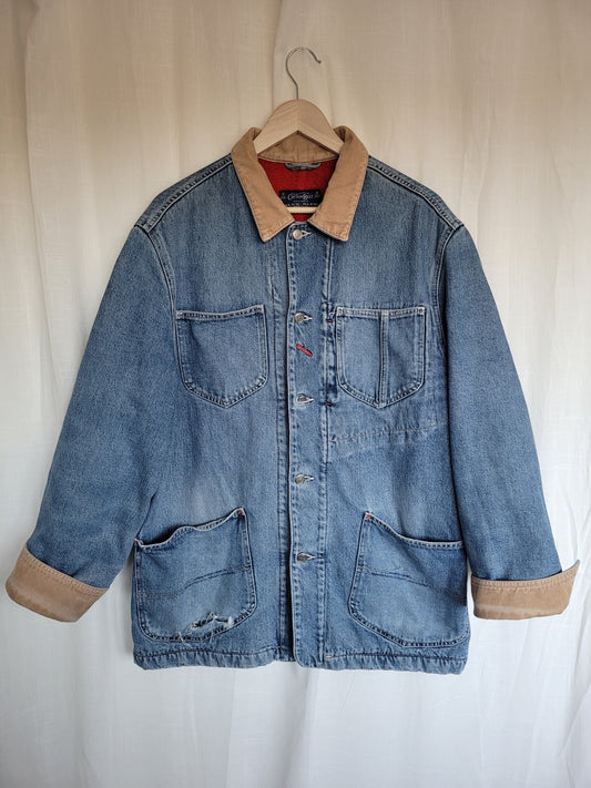 🚜 Fields of Red & Blue - vintage denim jacket with red fleece lining - size M