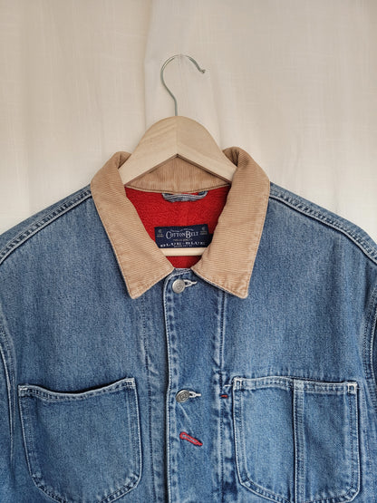 🚜 Fields of Red & Blue - vintage denim jacket with red fleece lining - size M